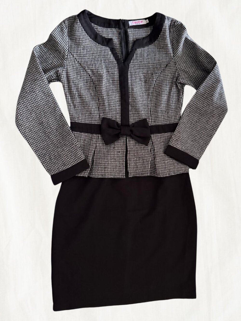 Clocolor Houndstooth Dress with Bow Waistline